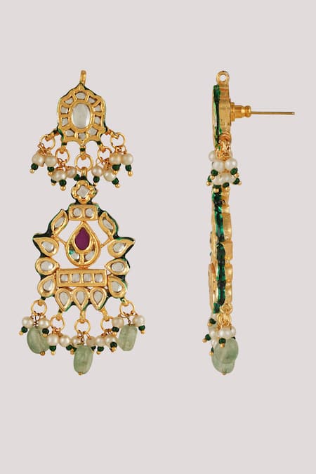 Shop_ChhavI'S Jewels_Green Pearls, Crystals Kundan Polki Embellished Necklace Set _Online_at_Aza_Fashions