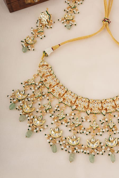 Shop_ChhavI'S Jewels_Green Diamonds, Pearls Kundan And Bead Drop Embellished Necklace Set _Online_at_Aza_Fashions