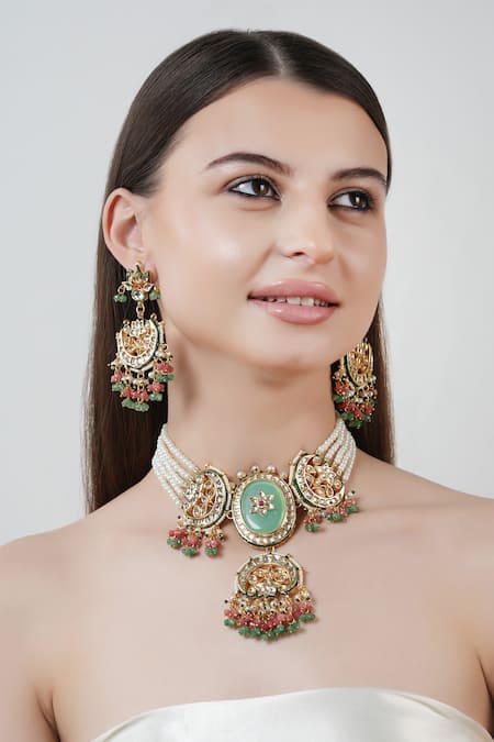 Chhavi's Jewels Multi Color Kundan And Polki Embellished Pendant Choker Necklace Set 