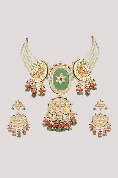 ChhavI'S Jewels_Multi Color Diamonds, Kundan And Polki Embellished Pendant Choker Necklace Set _Online_at_Aza_Fashions