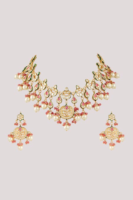 ChhavI'S Jewels_Pink Diamonds, Pearls Kundan And Polki Embellished Necklace Set _Online_at_Aza_Fashions