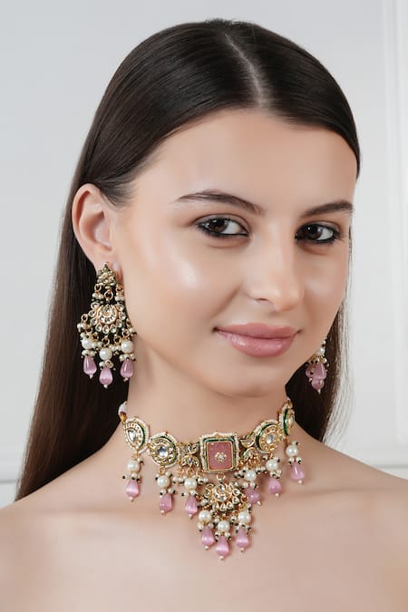 Chhavi's Jewels Pink Kundan And Bead Drop Embellished Choker Necklace Set 