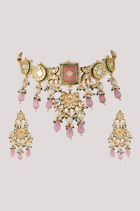 ChhavI'S Jewels_Pink Pearls, Diamonds Kundan And Bead Drop Embellished Choker Necklace Set _Online_at_Aza_Fashions
