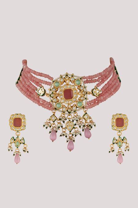 ChhavI'S Jewels_Pink Diamonds, Pearls Kundan Embellished Multistrand Necklace Set _Online_at_Aza_Fashions