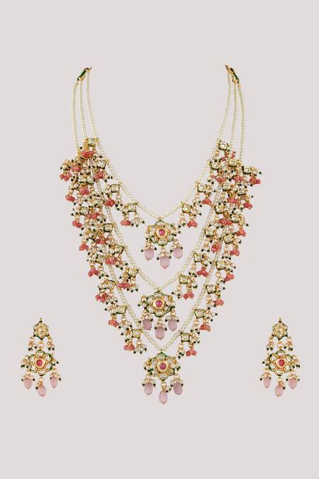 ChhavI'S Jewels_Pink Zari Kundan Embellished Layered Necklace Set _Online_at_Aza_Fashions