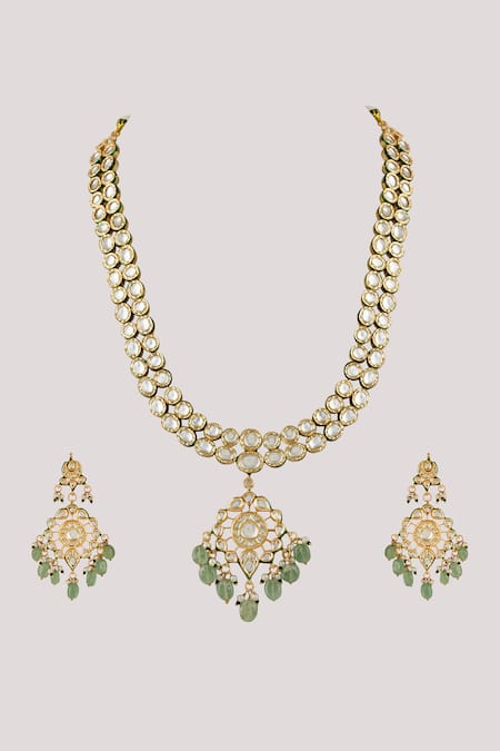 ChhavI'S Jewels_Green Gota Patti, Stones Kundan And Polki Embellished Necklace Set _Online_at_Aza_Fashions