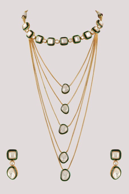 ChhavI'S Jewels_Green Zari, Diamonds Kundan And Polki Embellished Necklace Set _Online_at_Aza_Fashions
