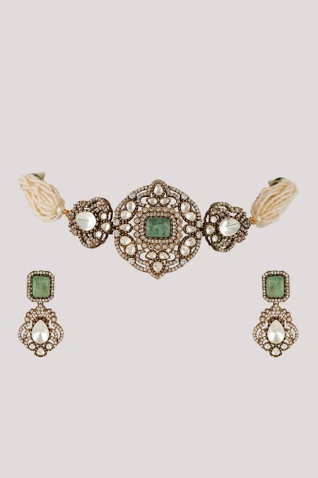 ChhavI'S Jewels_Green Diamonds, Stones Kundan Embellished Choker Necklace Set _Online_at_Aza_Fashions