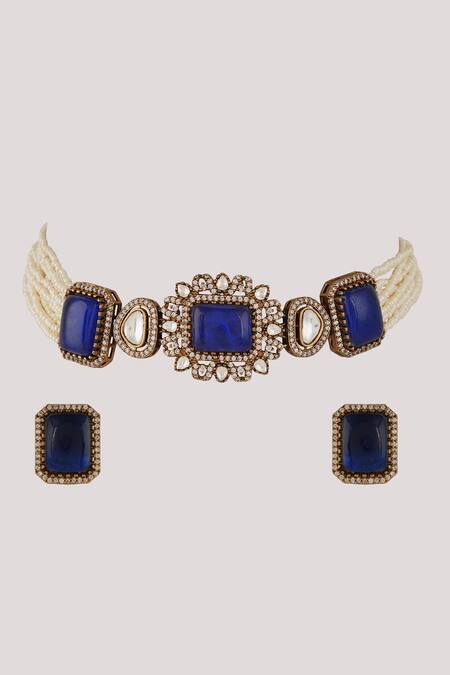 ChhavI'S Jewels_Blue Pearls, Diamonds Kundan Embellished Multistrand Choker Necklace Set _Online_at_Aza_Fashions