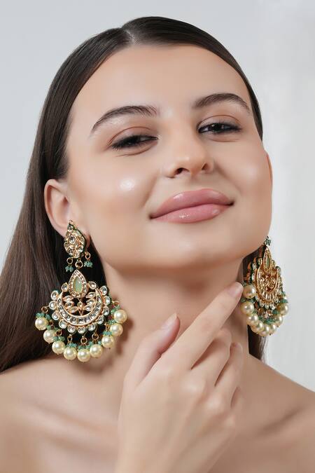 ChhavI'S Jewels_Green Gota Patti Kundan And Polki Embellished Earrings _Online_at_Aza_Fashions