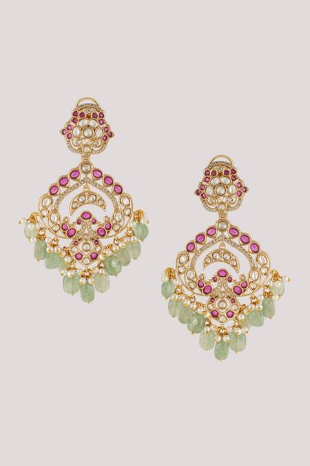 ChhavI'S Jewels_Pink Pearls, Stones Kundan And Bead Embellished Earrings _Online_at_Aza_Fashions