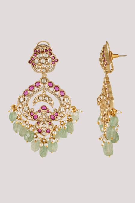 Buy_ChhavI'S Jewels_Pink Pearls, Stones Kundan And Bead Embellished Earrings _Online_at_Aza_Fashions