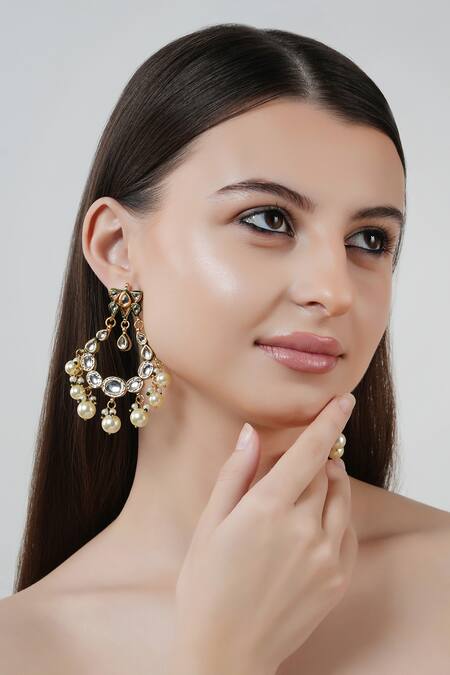 ChhavI'S Jewels_White Pearls, Diamonds Kundan And Embellished Chandbalis _Online_at_Aza_Fashions