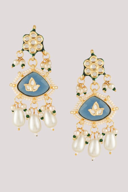 ChhavI'S Jewels_Blue Pearls, Diamonds, Zari Kundan And Enamel Embellished Earrings _Online_at_Aza_Fashions