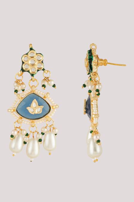 Buy_ChhavI'S Jewels_Blue Pearls, Diamonds, Zari Kundan And Enamel Embellished Earrings _Online_at_Aza_Fashions