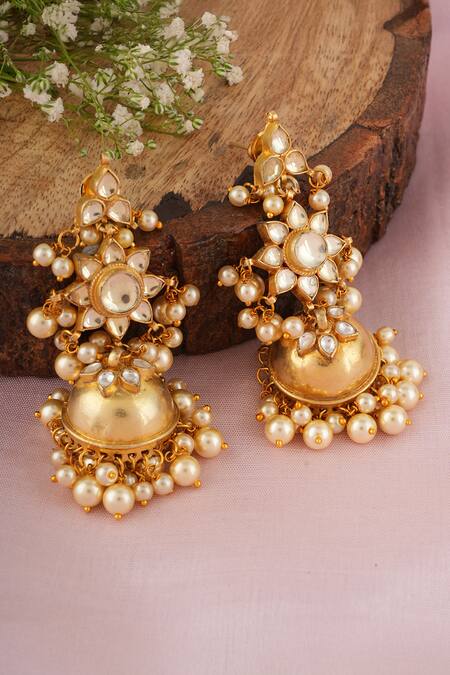 Shop_ChhavI'S Jewels_Gold Plated Pearls, Diamonds, Stones Kundan Embellished Floral Jhumkas_at_Aza_Fashions