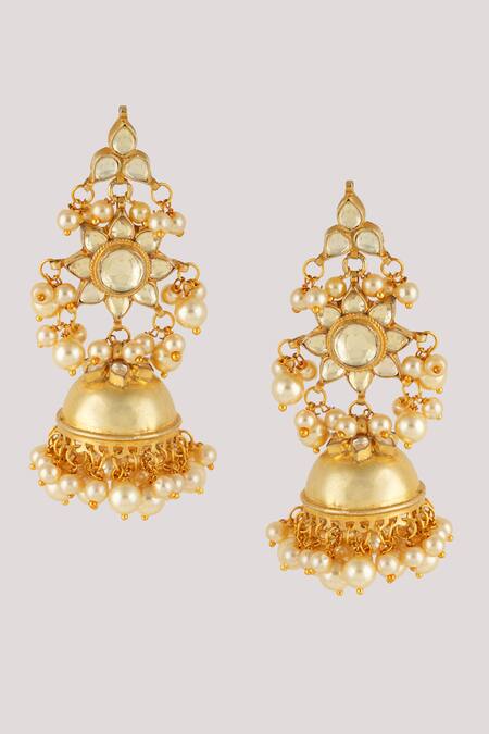 ChhavI'S Jewels_Gold Plated Pearls, Diamonds, Stones Kundan Embellished Floral Jhumkas_Online_at_Aza_Fashions
