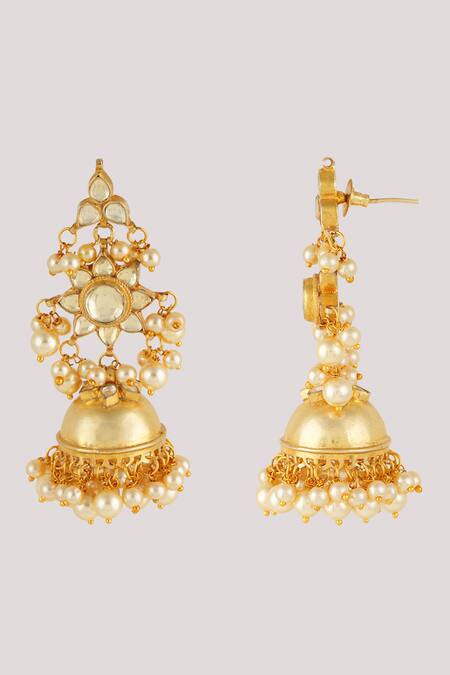 Buy_ChhavI'S Jewels_Gold Plated Pearls, Diamonds, Stones Kundan Embellished Floral Jhumkas_Online_at_Aza_Fashions