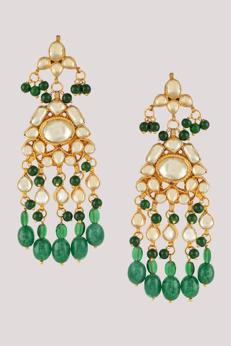 ChhavI'S Jewels_Green Crystals, Stones Kundan And Embellished Earrings_Online_at_Aza_Fashions