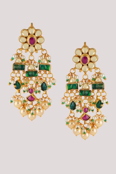 ChhavI'S Jewels_Multi Color Pearls, Crystals Kundan And Stone Embellished Dangler Earrings_Online_at_Aza_Fashions