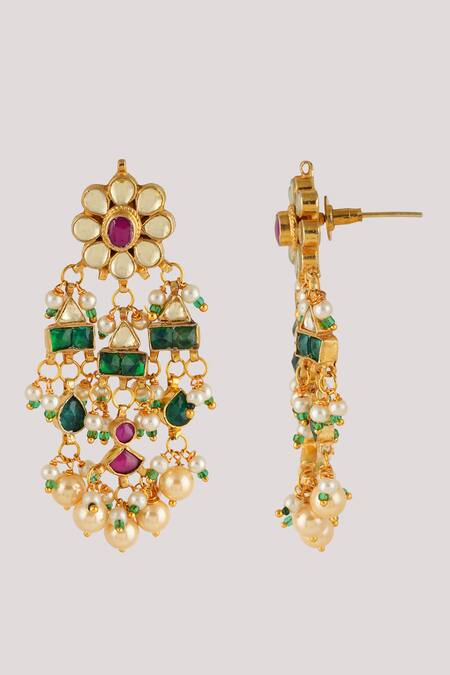 Buy_ChhavI'S Jewels_Multi Color Pearls, Crystals Kundan And Stone Embellished Dangler Earrings_Online_at_Aza_Fashions