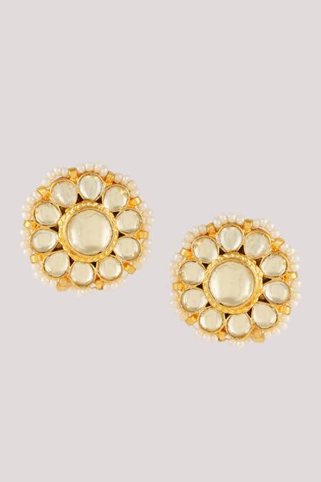 ChhavI'S Jewels_Gold Plated Pearls, Diamonds Kundan Embellished Stud Earrings_Online_at_Aza_Fashions