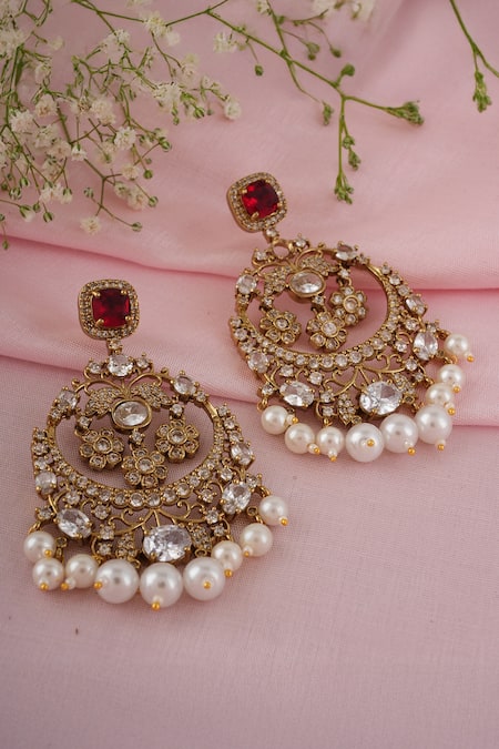 Shop_ChhavI'S Jewels_Red Diamonds, Pearls Polki Embellished Earrings _at_Aza_Fashions