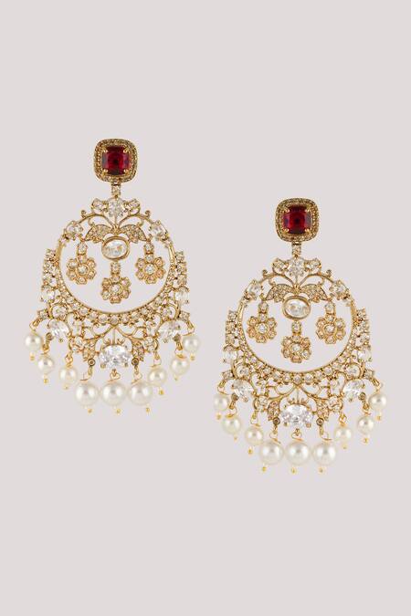 ChhavI'S Jewels_Red Diamonds, Pearls Polki Embellished Earrings _Online_at_Aza_Fashions