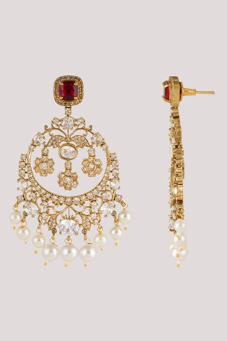 Buy_ChhavI'S Jewels_Red Diamonds, Pearls Polki Embellished Earrings _Online_at_Aza_Fashions