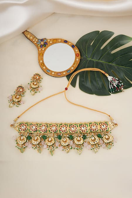 ChhavI'S Jewels Kundan & Enamel Embellished Choker Necklace Set 