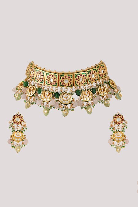 ChhavI'S Jewels_Multi Color Diamonds, Beads Kundan And Enamel Embellished Choker Necklace Set _Online_at_Aza_Fashions
