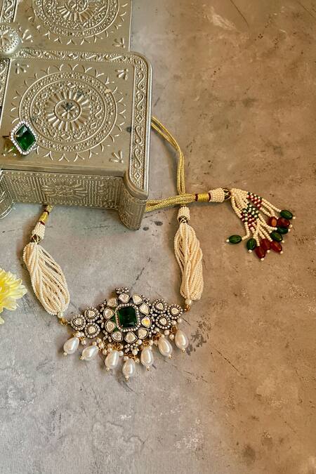 Shop Prestones White Pearls, Stones Embellished Pendant Choker Set at Aza Fashions Shop_Prestones_White Pearls, Stones Embellished Pendant Choker Set_at_Aza_Fashions