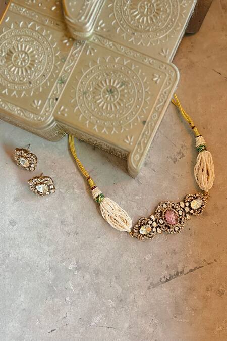Shop Prestones White Pearls, Stones Studded Pendant Choker Set at Aza Fashions Shop_Prestones_White Pearls, Stones Studded Pendant Choker Set_at_Aza_Fashions