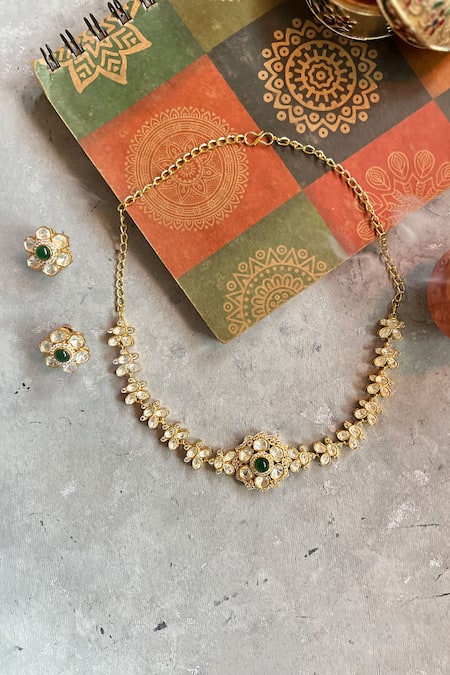 Shop Prestones Green Imitation Diamonds Moissanite Polki Embellished Choker Set at Aza Fashions Shop_Prestones_Green Imitation Diamonds Moissanite Polki Embellished Choker Set _at_Aza_Fashions