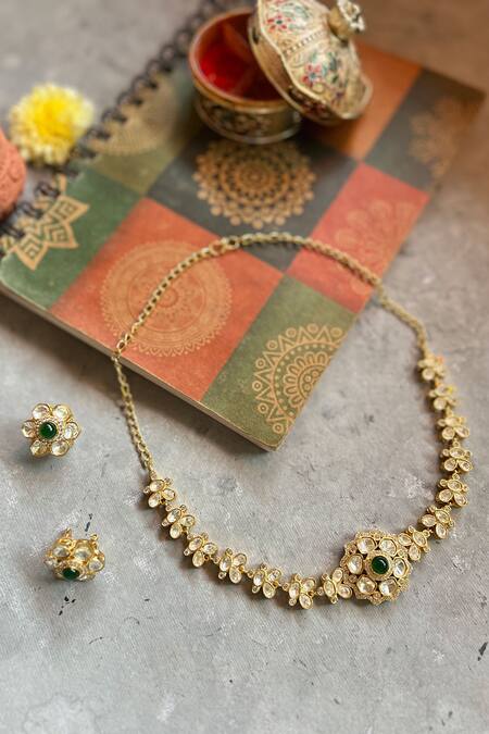 Prestones Green Imitation Diamonds Moissanite Polki Embellished Choker Set Online at Aza Fashions Prestones_Green Imitation Diamonds Moissanite Polki Embellished Choker Set _Online_at_Aza_Fashions