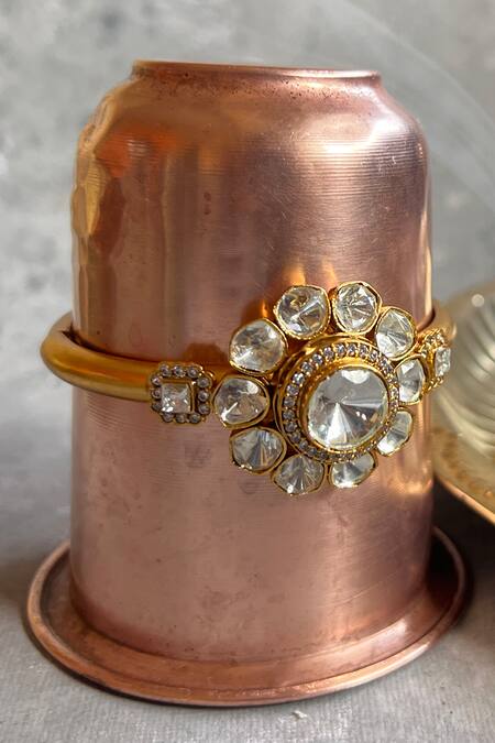 Prestones_Gold Plated Diamonds, Cut Work Floral Shaped Bangle_Online_at_Aza_Fashions