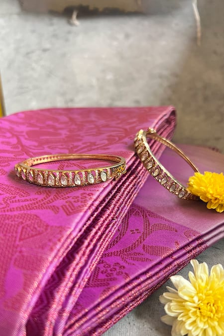 Shop Prestones Gold Plated Zari, Diamonds Zirconia Studded Bangle - Set Of 2 at Aza Fashions Shop_Prestones_Gold Plated Zari, Diamonds Zirconia Studded Bangle - Set Of 2 _at_Aza_Fashions