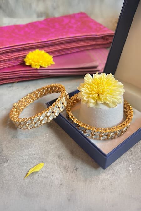 Shop_Prestones_Gold Plated Diamonds, Cut Work Moissanite Polki Studded Bangle - Set Of 2 _at_Aza_Fashions
