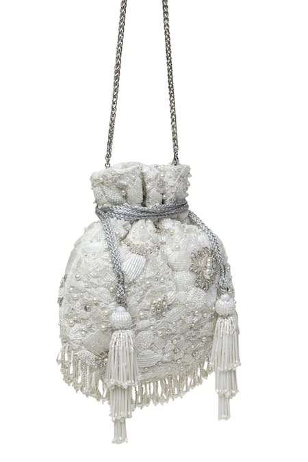 SG Collection By Sonia Gulrajani_Ivory Pearl Maisy And Sequin Bloom Embellished Potli Bag _Online_at_Aza_Fashions