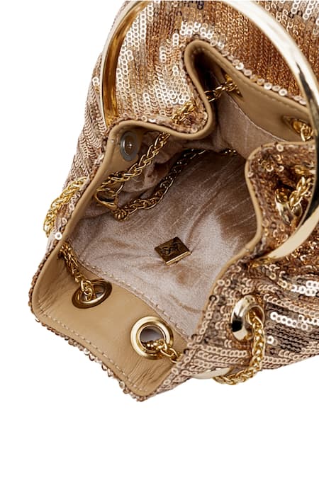 SG Collection By Sonia Gulrajani_Gold Sequin Tara Embellished Bucket Bag _Online_at_Aza_Fashions