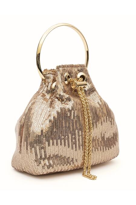 Shop_SG Collection By Sonia Gulrajani_Gold Sequin Tara Embellished Bucket Bag _Online_at_Aza_Fashions
