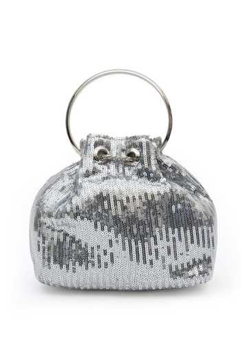 Shop SG Collection By Sonia Gulrajani Silver Sequins Tara Adorned Bucket Bag at Aza Fashions Shop_SG Collection By Sonia Gulrajani_Silver Sequins Tara Adorned Bucket Bag _at_Aza_Fashions