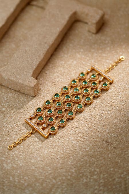 Tarun Tahiliani_Green Diamonds, Zari Multi Layered Emerald Bracelet _Online_at_Aza_Fashions