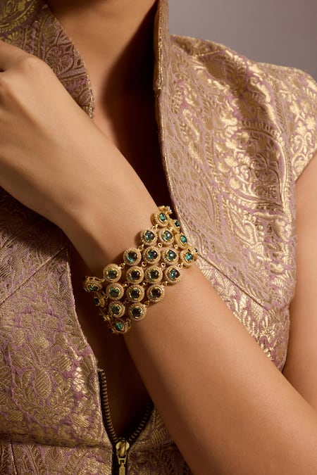 Buy_Tarun Tahiliani_Green Diamonds, Zari Multi Layered Emerald Bracelet _Online_at_Aza_Fashions