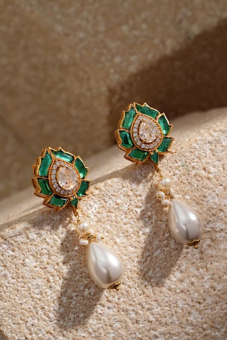 Tarun Tahiliani Lotus Emerald Embellished Earrings 
