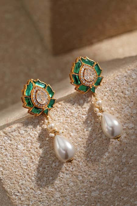 Buy_Tarun Tahiliani_Emerald Green Stones, Crystals, Pearls Lotus Embellished Earrings _Online_at_Aza_Fashions
