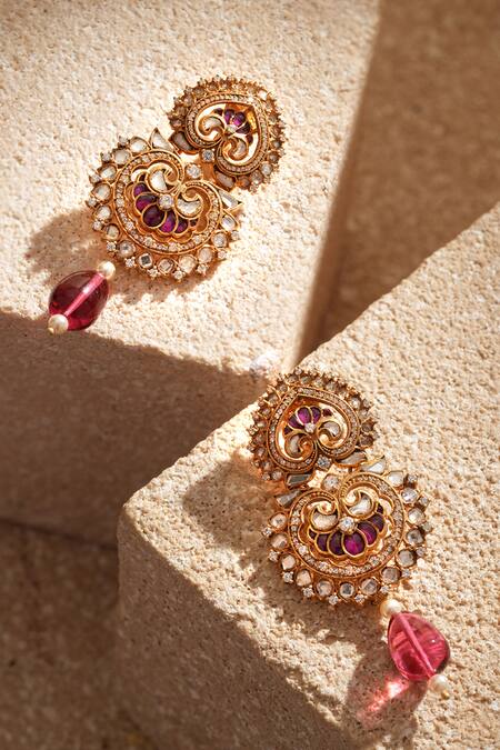 Tarun Tahiliani_Red Zari, Diamonds Lotus Stone Embellished Earrings _Online_at_Aza_Fashions