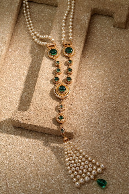Tarun Tahiliani Emerald Cabochon Embellished Pearl Long Necklace 
