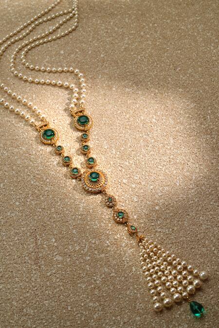 Tarun Tahiliani_Emerald Green Cabochon Embellished Pearl Long Necklace _Online_at_Aza_Fashions