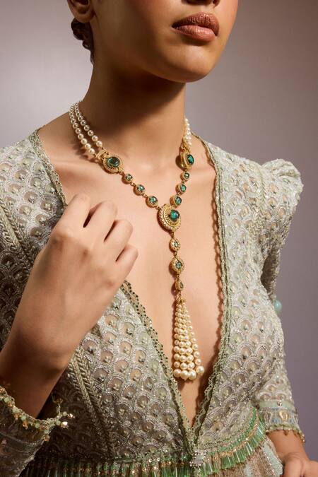 Buy_Tarun Tahiliani_Emerald Green Cabochon Embellished Pearl Long Necklace _Online_at_Aza_Fashions